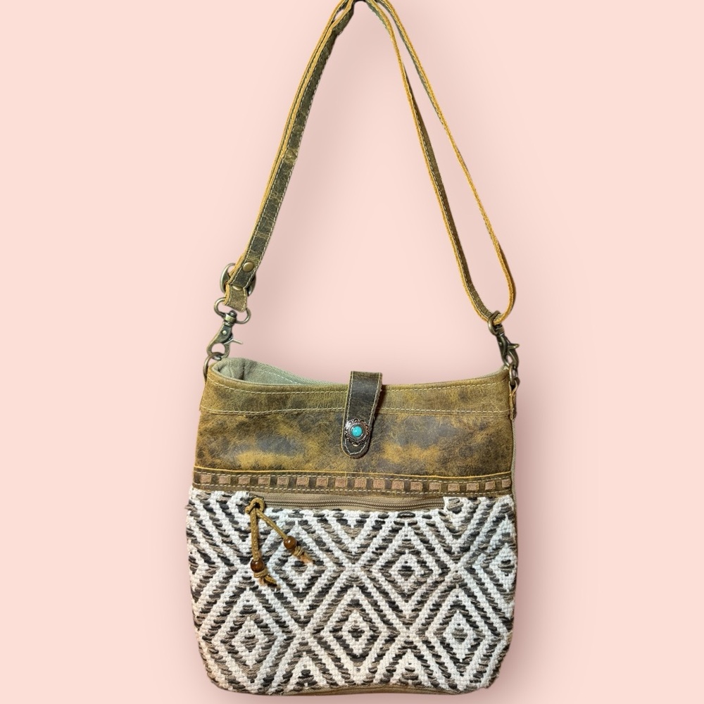 Myra Bag Geometric Woven Canvas & Leather‎ Crossbody with Turquoise Concho